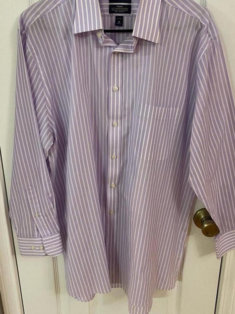 Stafford Men’s Purple White Striped Dress Shirt Size 17 32/33 Fitted‎ Easy Care - Picture 3 of 7